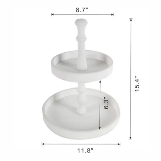 D11.8x15.4in Two-Tiered Round Wooden Tray, White image {7}