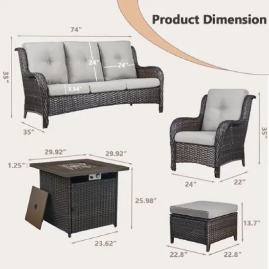 POCASSY 6PCS Patio Furniture Set with Square Fire Pit Table, All Weather Wicker Outdoor Conversation Set with Sofa, Patio Chairs, Firepit and Ottoman image {2}