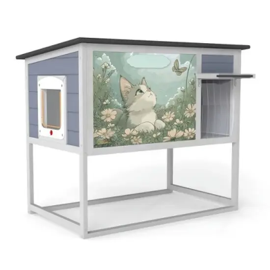 Resenkos Elevated Cat Shelter, Weatherproof Feral Home With High Legs, Curtained & Escape Door, Openable Top, Gray image {11}