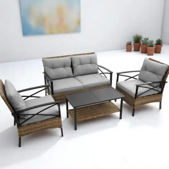 4-Piece Patio Sectional Low Dining Sofa Set with Steel Table, Blue Cushions, and Detachable Covers &acirc;&acirc;&sbquo;?Comfortable Outdoor Conversation Set image {11}