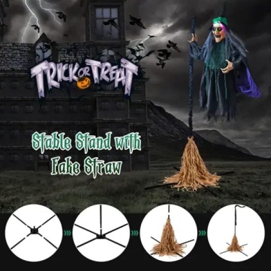 Tangkula Witch with Broomstick Halloween Animatronic Life Size Animated Halloween Prop with Laughing and Screaming Sound LED Lights image {9}