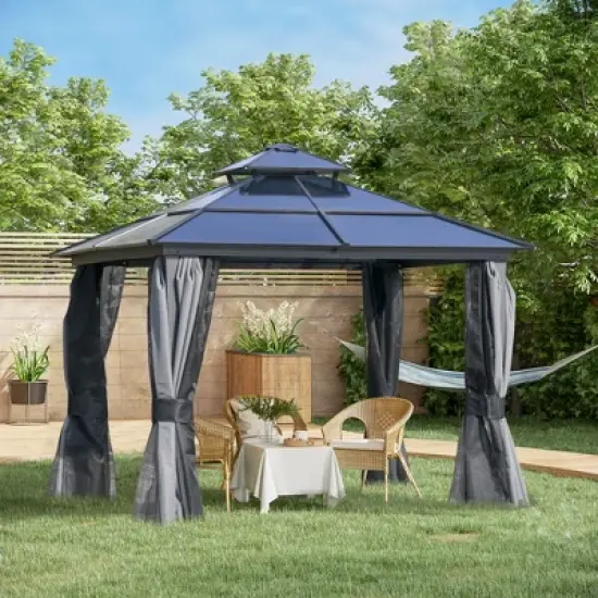 Outsunny Hardtop Gazebo Outdoor Polycarbonate Canopy Aluminum Frame Pergola with Double Vented Roof, Netting & Curtains for Garden image {2}