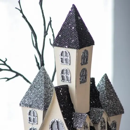 Whisen Halloween Cardboard Haunted House Decor with LED Lights, Battery Powered - Beige & Black image {5}