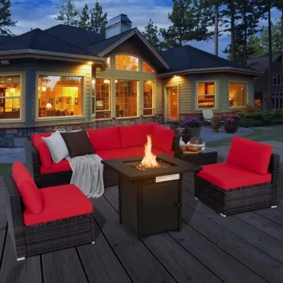 Costway 7 PCS Patio Furniture Set with 28" 50000 BTU Propane Gas Fire Pit Table Cushions Red/Turquoise/Off White image {11}