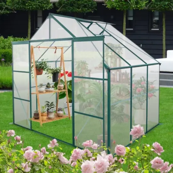 73.75"8X6FT-Green Double Door Polycarbonate Greenhouse Raised Base and Anchor Aluminum Heavy Duty Walk-in Greenhouses image {9}