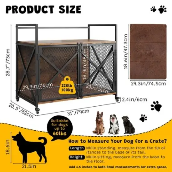 Dog Crate Furniture with Wheels, Chew-Resistant Dog Kennel Indoor, Decorative Dog Cage End Table, Heavy Duty Pet House for Small to Medium Dogs image {2}