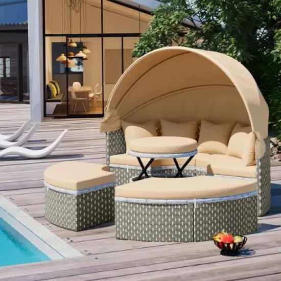 Round Outdoor Patio Sectional Sofa Set Rattan Daybed Two-Tone Weave Sunbed with Retractable Canopy, 4A -ModernLuxe image {17}