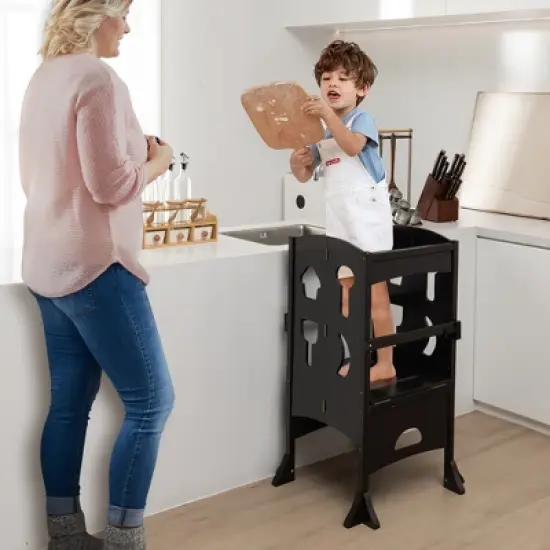 Costway Folding Kitchen Kids Step Ladder Stool Wooden Toddler Safety Tower Helper Coffee/White image {3}
