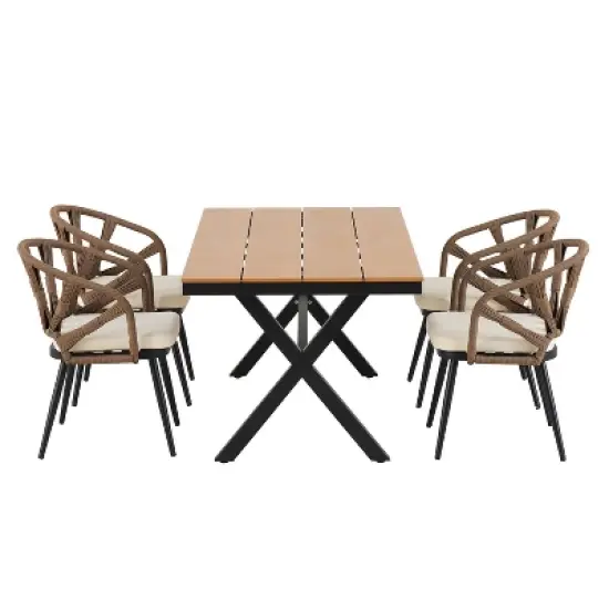 5-Piece Outdoor Dining Set, Rectangular Table with PE Rattan Rope-Woven Chairs & Cushions, Weather-Resistant Patio Furniture - ModernLuxe image {3}