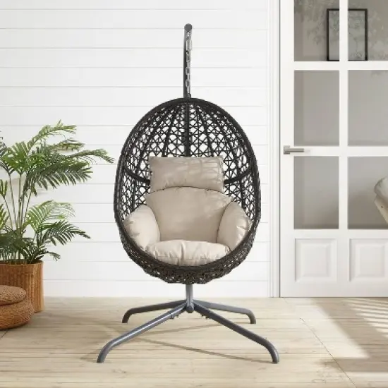 Calliope Indoor/Outdoor Wicker Hanging Egg Chair - Sand/Dark Brown - Crosley image {2}