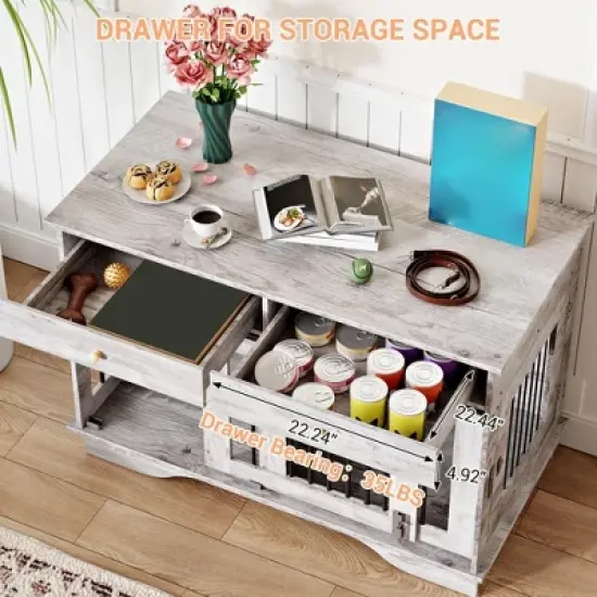 COZONY 47" Dog Crate Furniture with Barn Door & Storage Drawers, Heavy Duty Wooden Dog Kennel End Table with Removable Divider for Indoor Use image {5}