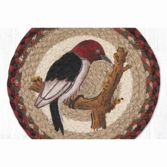 Earth Rugs Woodpecker Round Trivet &ndash; 10" Rustic Bird Print on Braided Natural Jute Table Mat image {1}