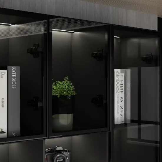 Famapy Black Spacious Double Desk Workstation Light Strips USB Ports image {4}