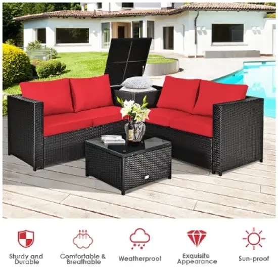 Costway 8PCS Outdoor Patio Rattan Furniture Set Cushioned Loveseat Storage Table Red\Navy image {3}