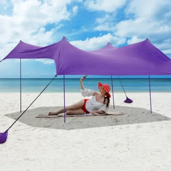 Costway Family Beach Tent Canopy w/4 Poles Sandbag Anchors 10'x9' UPF50+ Purple/Green/Blue image {6}