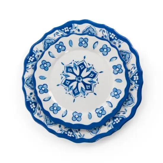 Elama Blue Garden 12 Piece Scalloped Lightweight Melamine Dinnerware Set in Blue image {2}