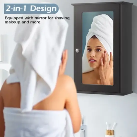 Costway Bathroom Wall Cabinet Single Mirror Door Cupboard Storage Medicine Cabinet Wood Shelf Grey\Brown image {5}