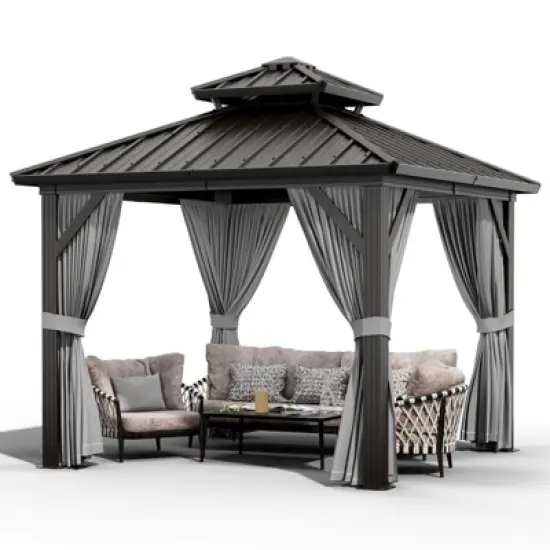 Whizmax Hardtop Gazebo, Double Roof Aluminum Frame with Netting & Curtains, Wood Grain Galvanized Steel for Patio, Garden, Lawn & Outdoor Parties image {8}