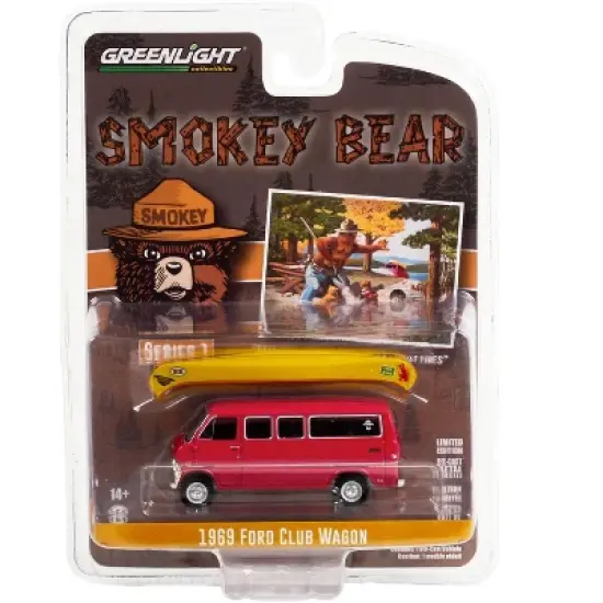 1969 Ford Club Wagon Van Red w/Canoe on Roof "Care Will Prevent 9 Out Of 10 Forest Fires!" 1/64 Diecast Model Car by Greenlight image {2}
