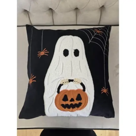 Halloween Ghost with Pumpkin Bucket Throw Pillow image {1}