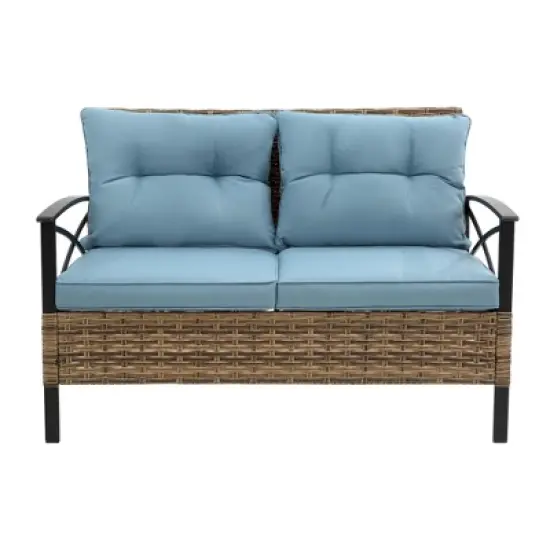 FIONECA 4-Piece Patio Sectional Low Dining Conversation Sofa Set, Rattan Wicker Outdoor Corner Furniture with Cushions image {3}