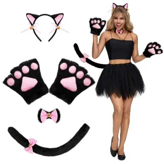 Joyfy 5 Pcs Kitty Cat Halloween Costume Accessory Set for Adult, Kids, Cat Ears Headband, Paws Gloves, Bow Tie, Tail, Cosplay Dress Up Party image {1}