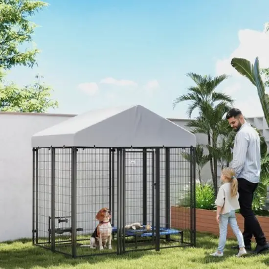 PawHut Outdoor Dog Kennel with Roof, Welded Wire Dog Playpen Enclosure with Escape-proof Lock, UV-Resistant & Waterproof Cover, 5.9' x 4' x 6', Silver image {2}
