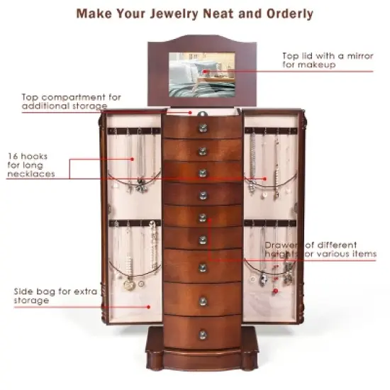 Tangkula 8 Drawers Old-fashioned Jewelry Cabinet Vanity Makeup Set Brown image {3}