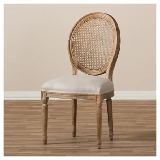 Adelia French Vintage Cottage Weathered Oak Wood Finish and Fabric Upholstered Dining Side Chair with Round Cane Back - Beige - Baxton Studio image {3}