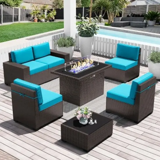 LayinSun 7 Pieces Outdoor Patio Furniture Set with 44" Fire Pit Table Brown Rattan Sectional Sofa Conversation Sets image {9}