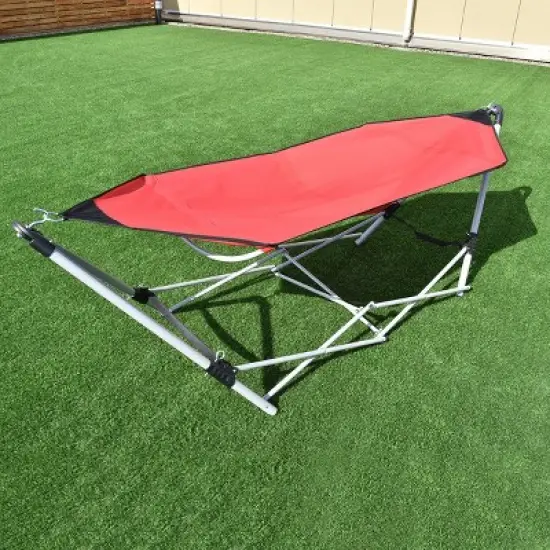 Costway Red Portable Folding Hammock Lounge Camping Bed Steel Frame Stand W/Carry Bag image {4}