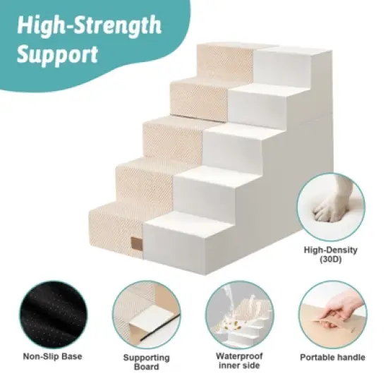 5-Tier Widened Support Pet Stairs, Non-Slip Foldable Dog Steps for Bed & Couch with Removable Cover image {5}