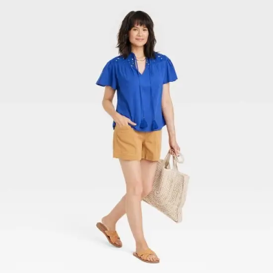 Women's Short Sleeve V-Neck Woven Eyelet Top - Knox Rose&trade; image {2}