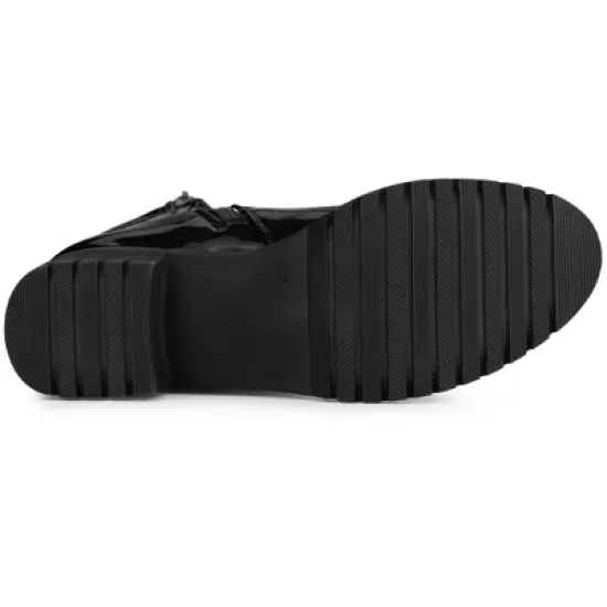 Allegra K Women's Round Toe Chunky Heels Patent Leather Mid Calf Boots image {5}