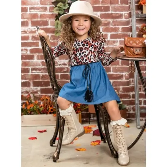 Girls Fierce & Fab Leopard Denim Dress - Mia Belle Girls image {5}