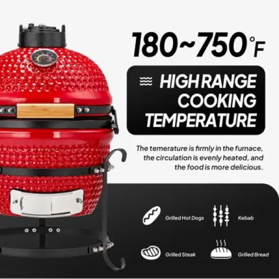 ROVSUN 13IN Red Spherical Ceramic Charcoal Grill with Inner Liner, Portable BBQ Smoker for Outdoor Cooking, Camping, and Backyard Grilling image {3}