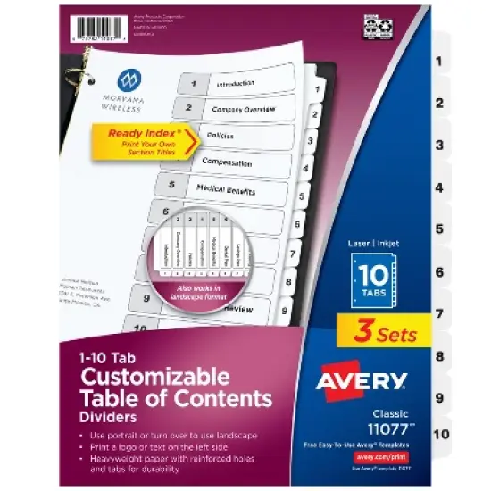 Avery Dividers for 3 Ring Binders, 10 Tabs per Set, Customizable Table of Contents, Classic White Tabs (3 Sets of 11077) image {8}