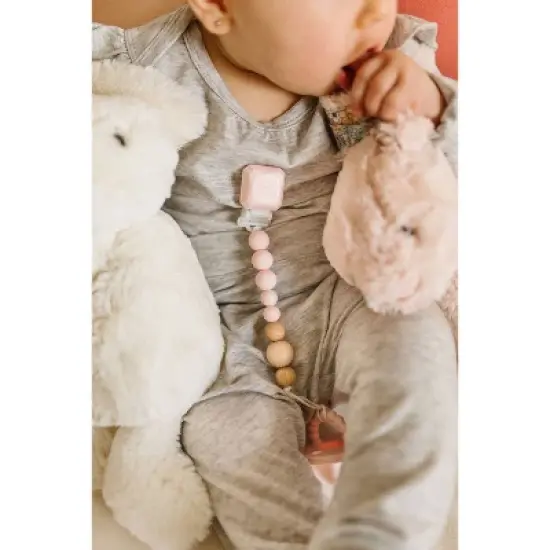 Loulou Lollipop Silicone + Wood Soother Holder in Silicone Clip - Color Pop Pink Quartz image {3}
