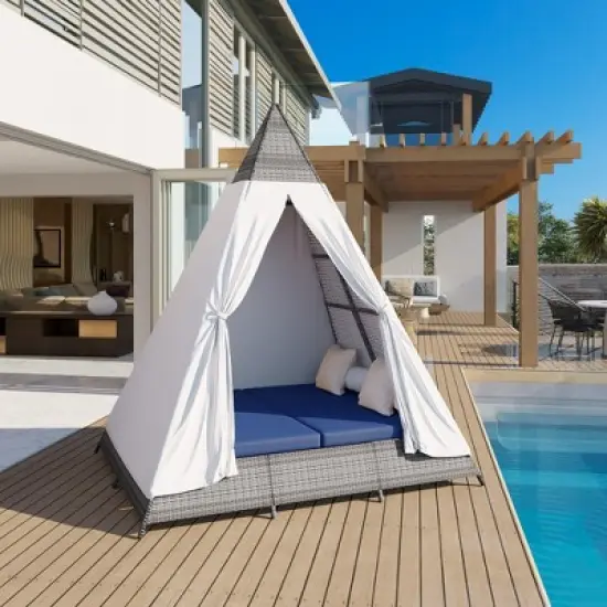 Whisen Outdoor Sunbed With Colorful Pillows, Tent Shape Wicker Patio Daybed With Cushions image {13}