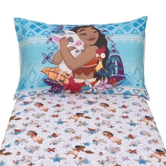 Disney Moana Free as the Ocean Aqua, Purple, Orange, and White Tropical 2 Piece Toddler Sheet Set - Fitted Bottom Sheet and Reversible Pillowcase image {4}