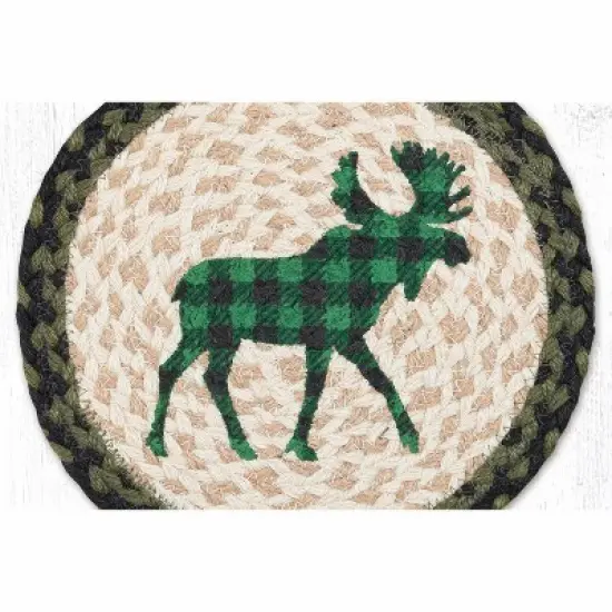 Earth Rugs Green Plaid Moose Printed Round Jute Trivet &ndash; 10" Rustic, Heat-Resistant Eco-Friendly Braided Design image {1}