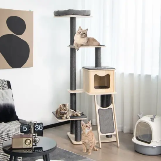 Tangkula 69 in Modern Wood Cat Tree 5-Tier Tall Cat Tower w/ Washable Cushions image {1}