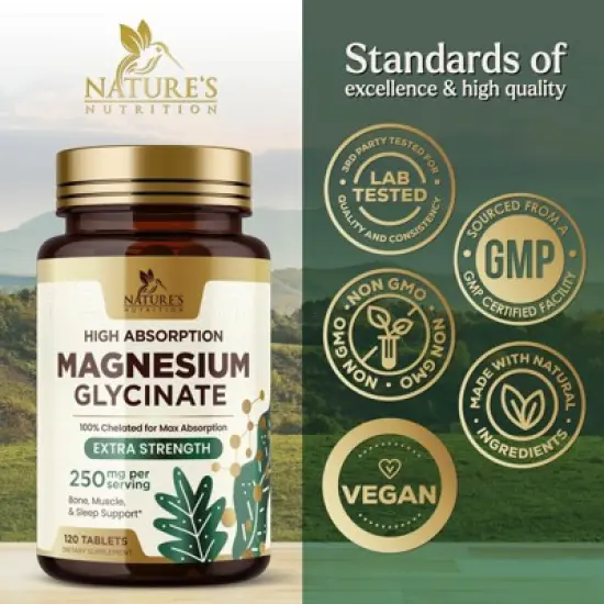 Magnesium (Glycinate) Magnesium Supplement for Heart Health, Nerve, Muscle, Bone & Sleep Support, 100% Chelated - 120 Tablets By Nature's Nutrition image {3}