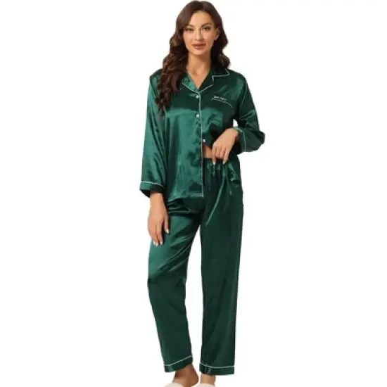 Allegra K Women's Satin Button Down Sleepshirt with Pants Halloween Pajama Set image {14}