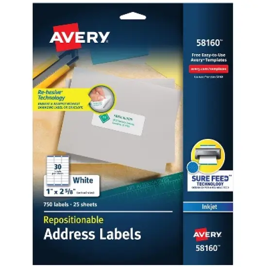 Avery Repositionable Address Labels Inkjet/Laser 1 x 2 5/8 White 750/Box 58160 image {8}