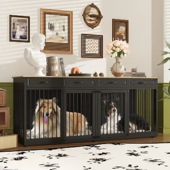 Famapy 86.6"lack Large Dog Crate Furniture with 4 Drawers Multi-Purpose Furniture Style Dog Crate image {1}