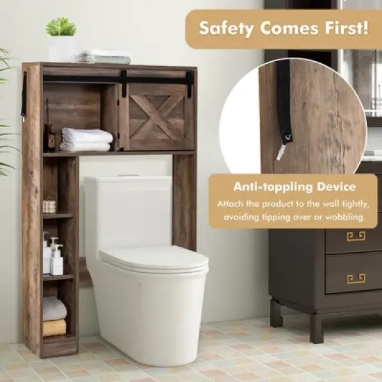 Costway Over the Toilet Bathroom Storage Cabinet with Sliding Barn Door Rustic Brown image {6}