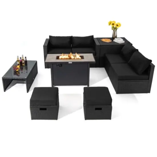 Tangkula 9 PCS Outdoor PE Rattan Wicker Sectional Sofa with 42" 60,000 BTU Gas Fire Pit Table Space-Saving Conversation Set with Storage Box Black image {10}