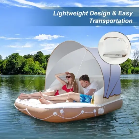 Costway Floating Island Inflatable Swimming Pool Float Lounge Raft with Canopy SPF50+ Retractable Detachable Sunshade with Two Cup Holders White image {4}