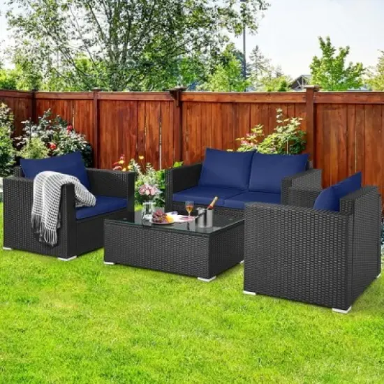 Costway 4 PCS Patio Rattan Furniture Set Cushioned Sofa Chair Coffee Table Blue/Red image {4}